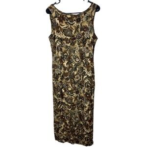 Vintage All That Jazz Floral Sleeveless Maxi Dress Brown Tan Women's Size 13/14